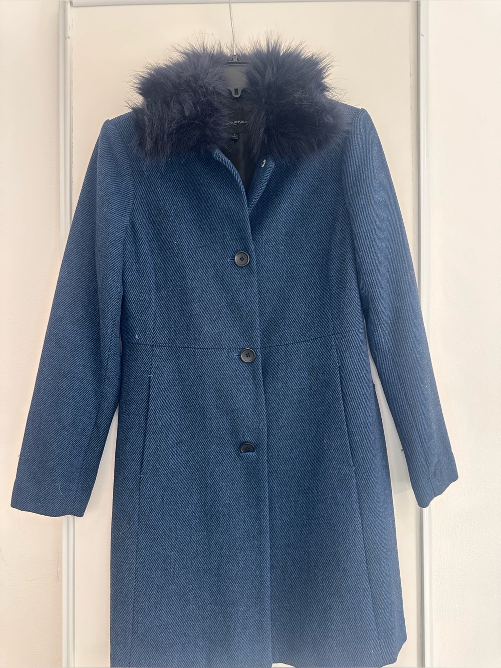 Banana Republic Navy Wool-Blend Coat with Faux Fur Collar